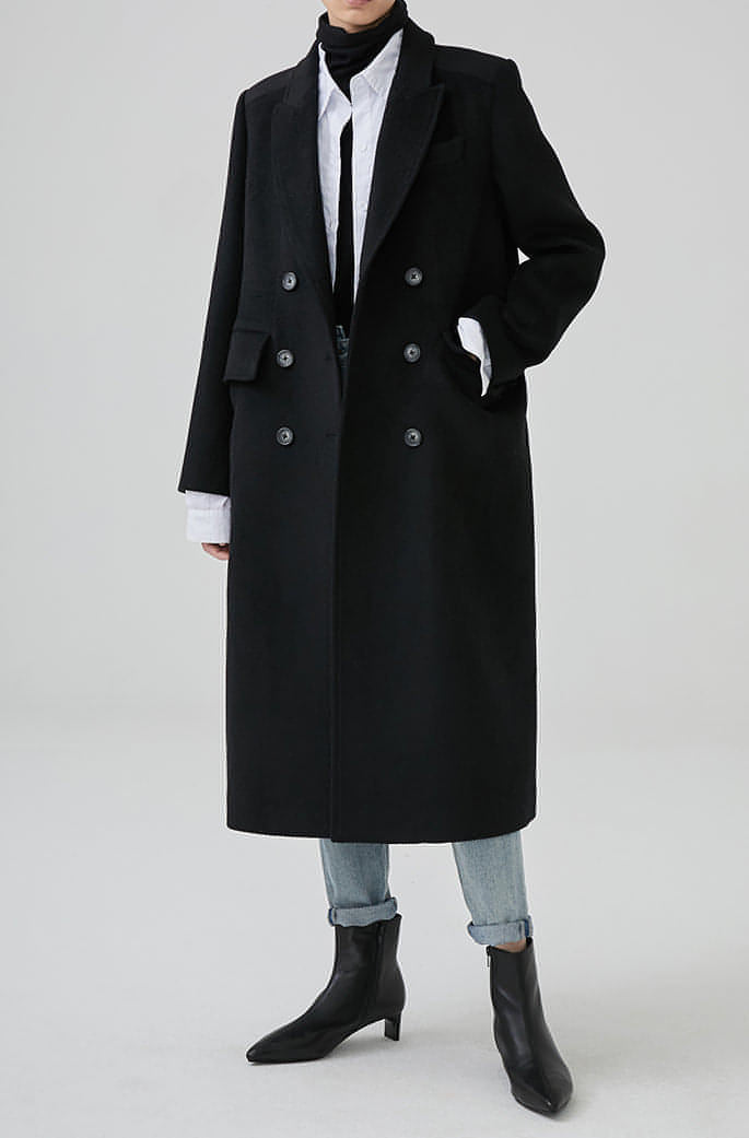 Winter Double-Breasted Mid-Length Black Wool Coat In Hepburn Style - sneakershuborg