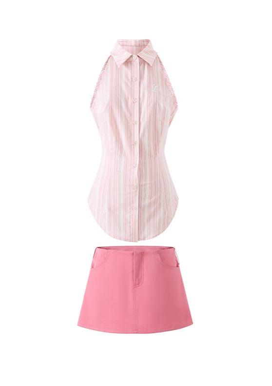 Adjustable Off-Shoulder Pink Striped Vest & Low Waisted Skirt - sneakershuborg