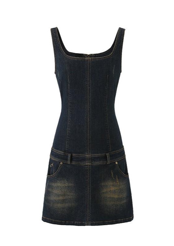 Retro Washed Square Collar Cinched Waist Denim Dress - sneakershuborg