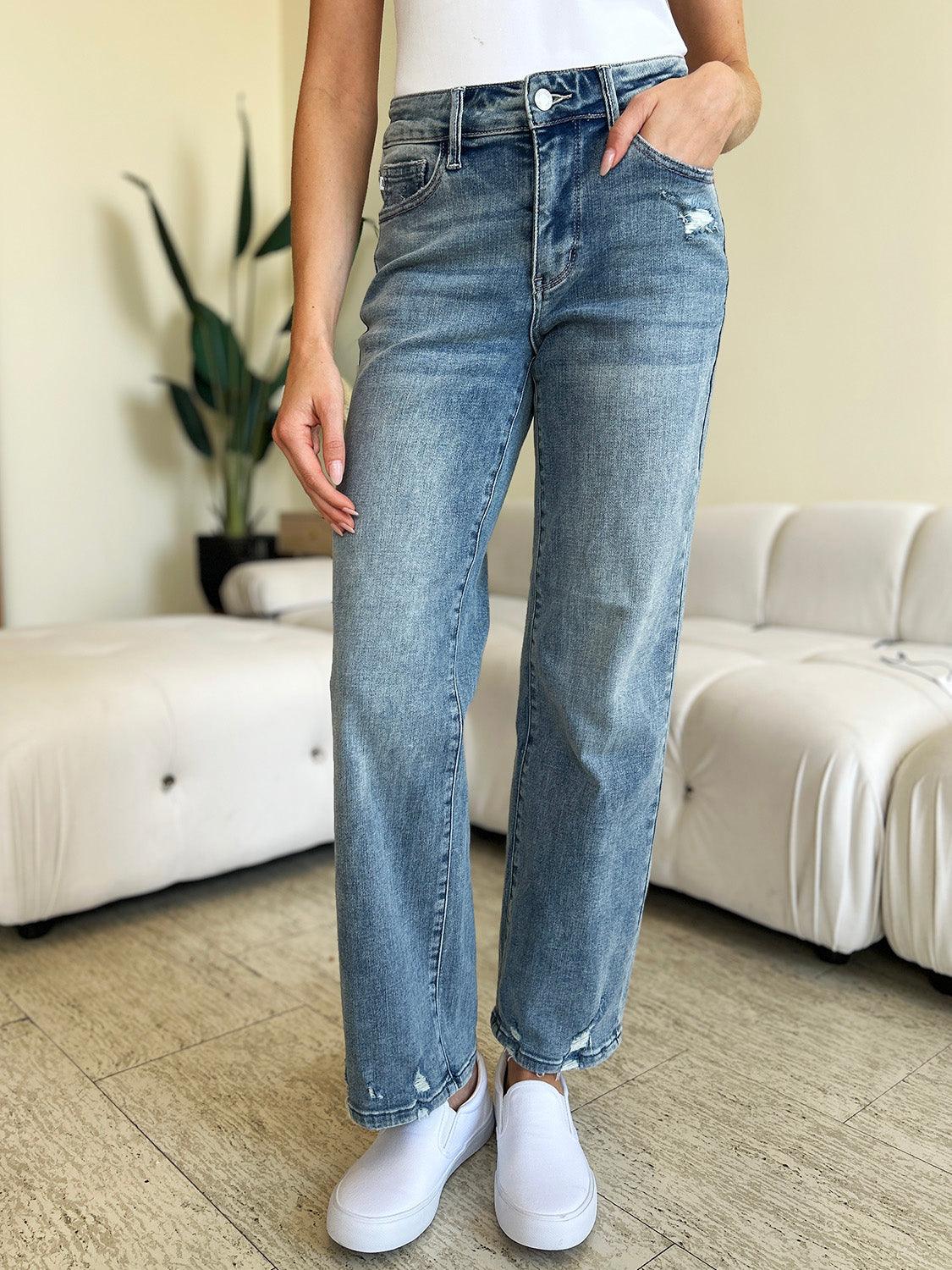 Judy Blue Full Size Mid Rise Distressed Straight Jeans - sneakershuborg