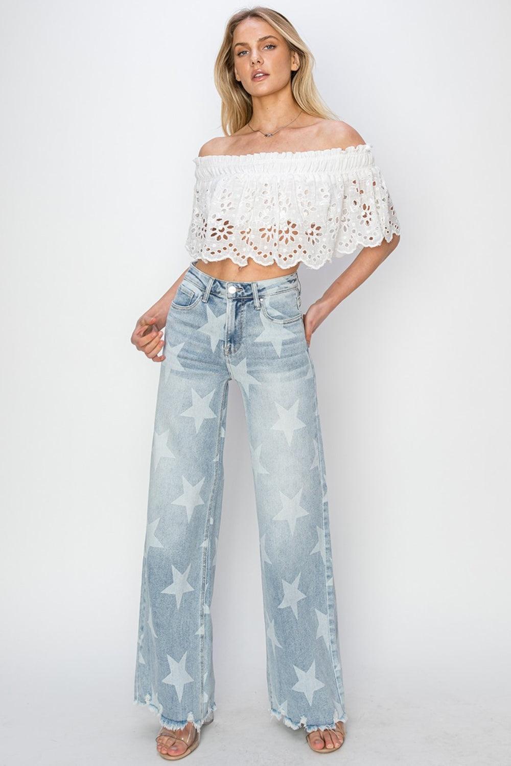 RISEN Full Size Raw Hem Star Wide Leg Jeans - sneakershuborg