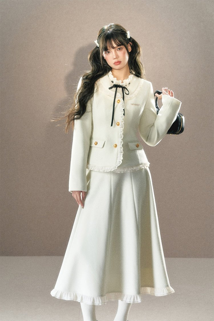 White Ruffle Trim Blazer and Long Skirt sneakershuborg