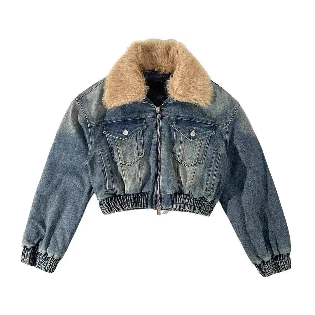 Women Street Vintage Detachable Fur Collar Argyle Quilted Lining Loose Casual Zipper Denim Jacket - sneakershuborg