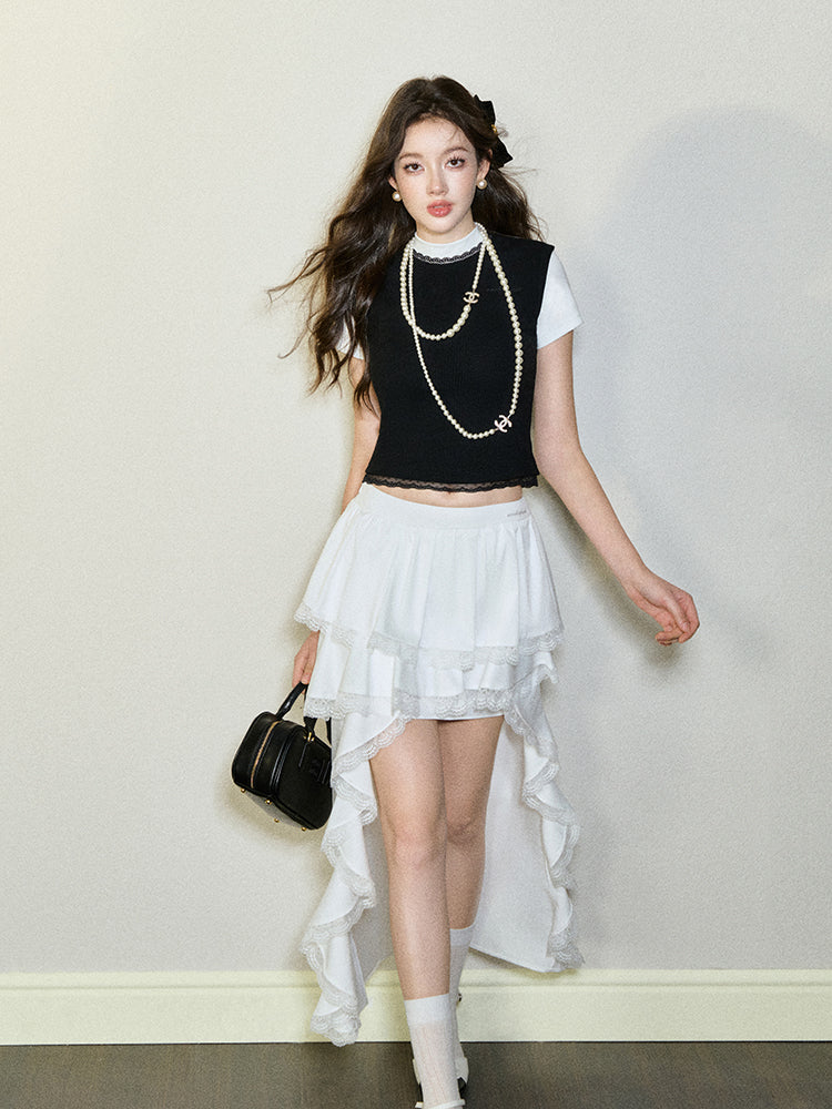 White Lace Trim High Low Skirt sneakershuborg