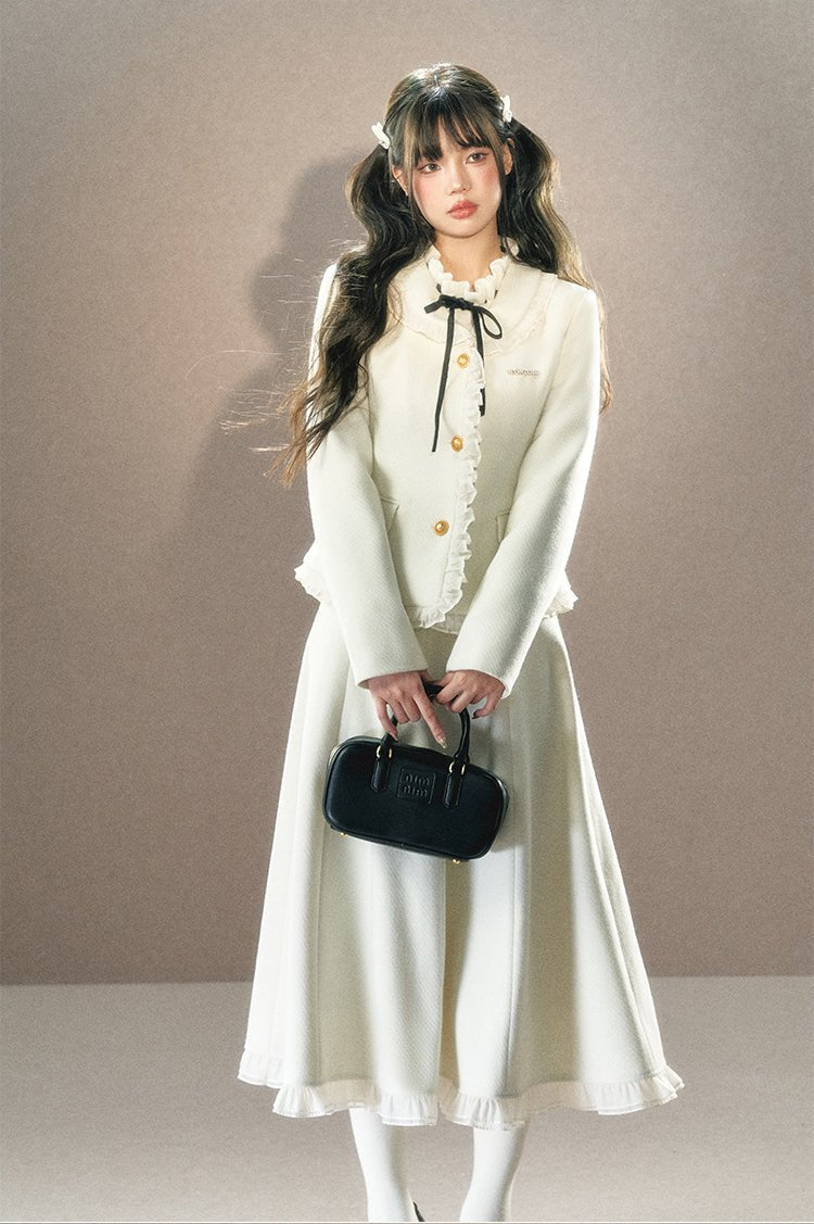 White Ruffle Trim Blazer and Long Skirt sneakershuborg