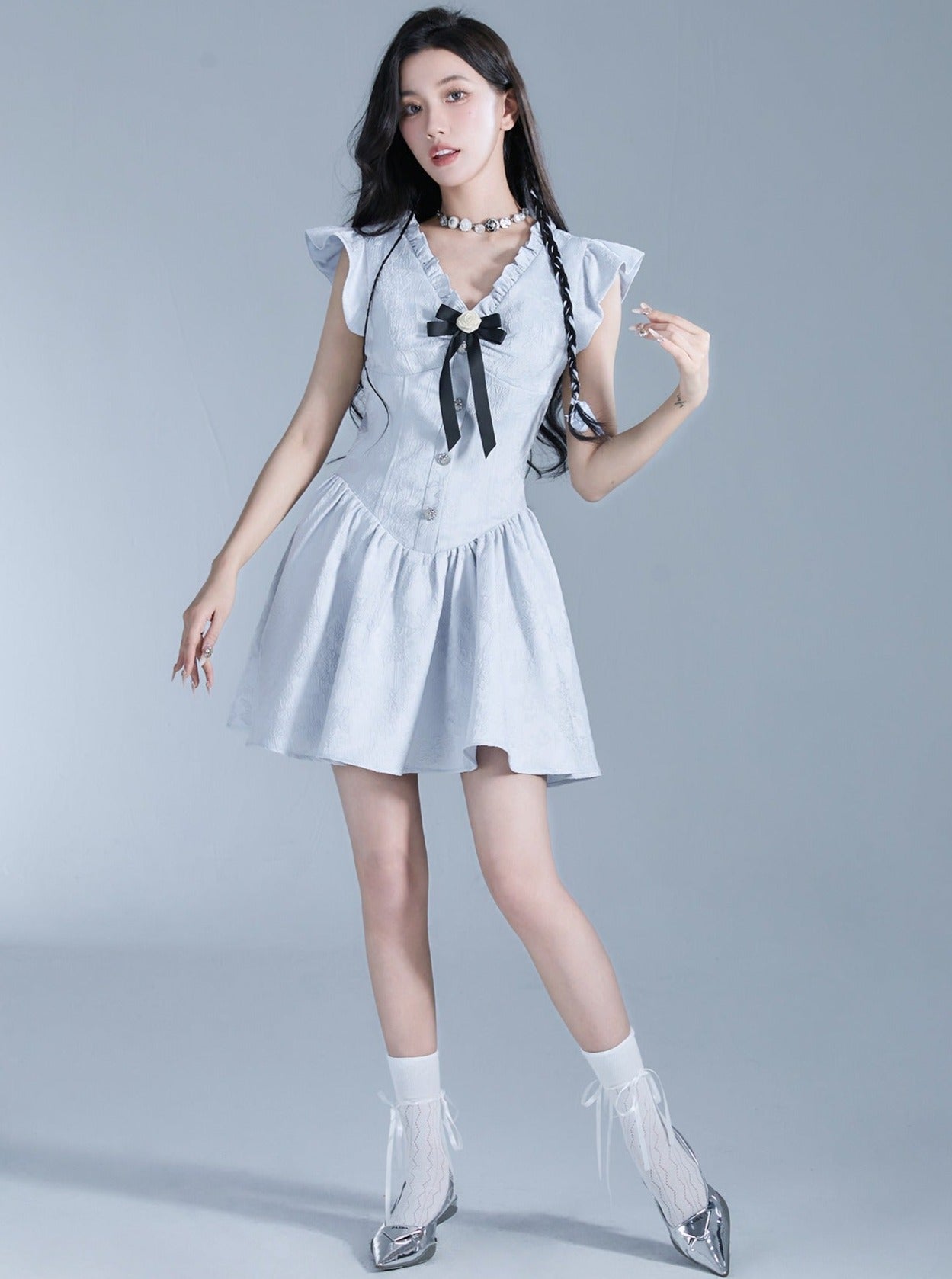 Sweet Lolita Flutter Sleeve Mini Dress with Bow Detail sneakershuborg