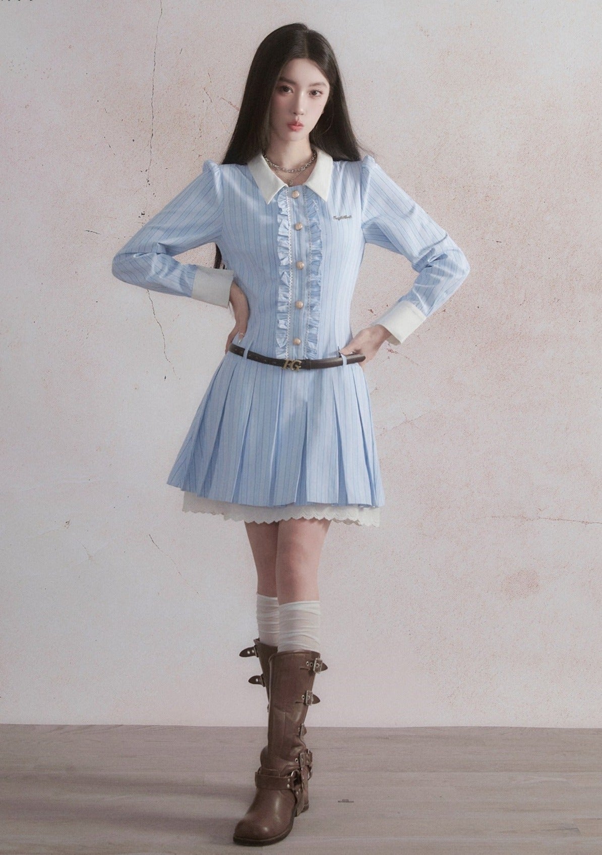 Vintage-Inspired Ruffled Chambray Mini Dress with Belt sneakershuborg