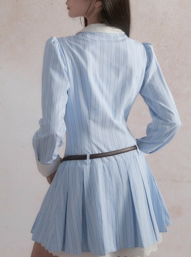 Vintage-Inspired Ruffled Chambray Mini Dress with Belt sneakershuborg