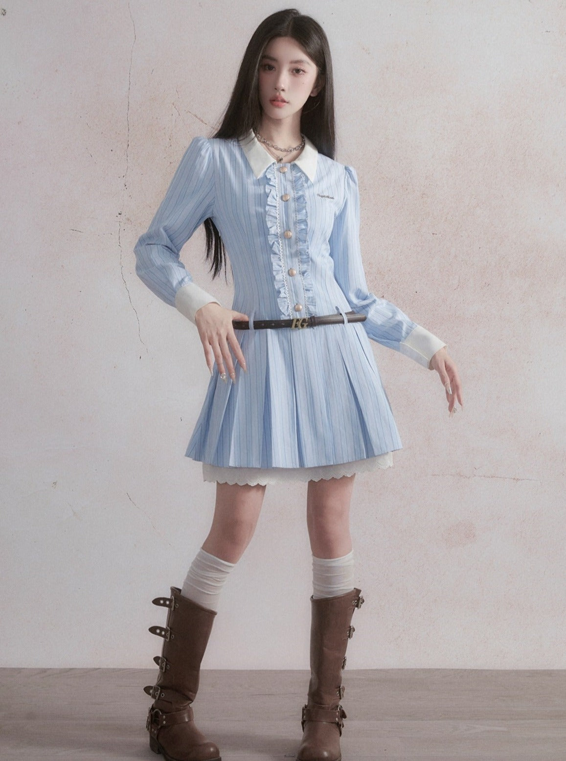 Vintage-Inspired Ruffled Chambray Mini Dress with Belt sneakershuborg