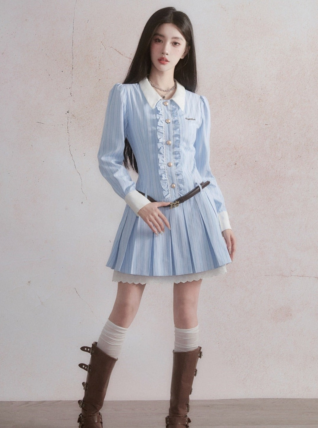 Vintage-Inspired Ruffled Chambray Mini Dress with Belt sneakershuborg