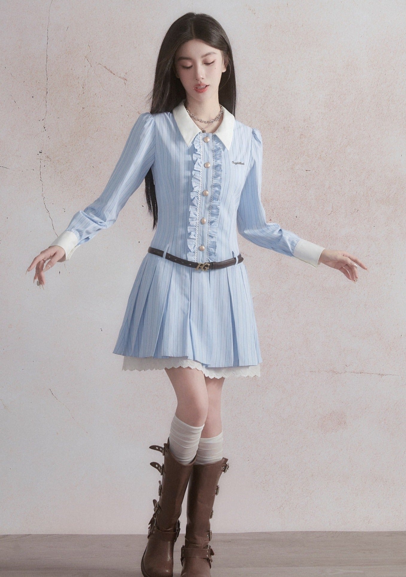 Vintage-Inspired Ruffled Chambray Mini Dress with Belt sneakershuborg