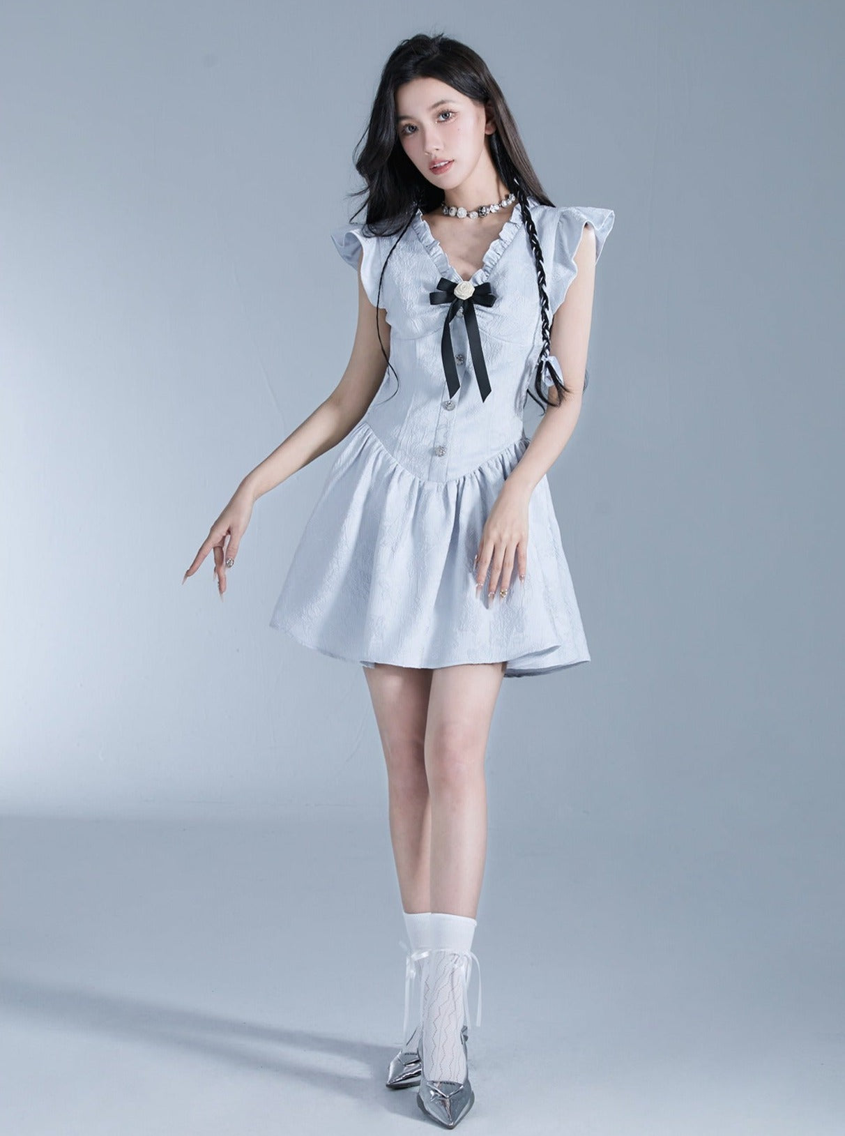 Sweet Lolita Flutter Sleeve Mini Dress with Bow Detail sneakershuborg