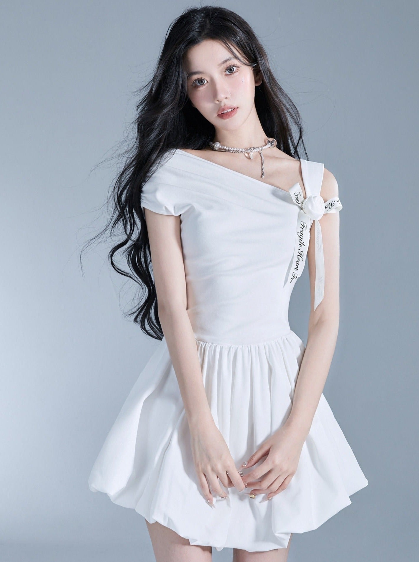 Angelic One-Shoulder White Ballerina Mini Dress with Bow Detail sneakershuborg