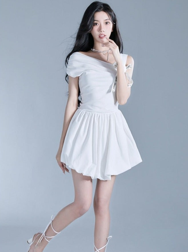 Angelic One-Shoulder White Ballerina Mini Dress with Bow Detail sneakershuborg