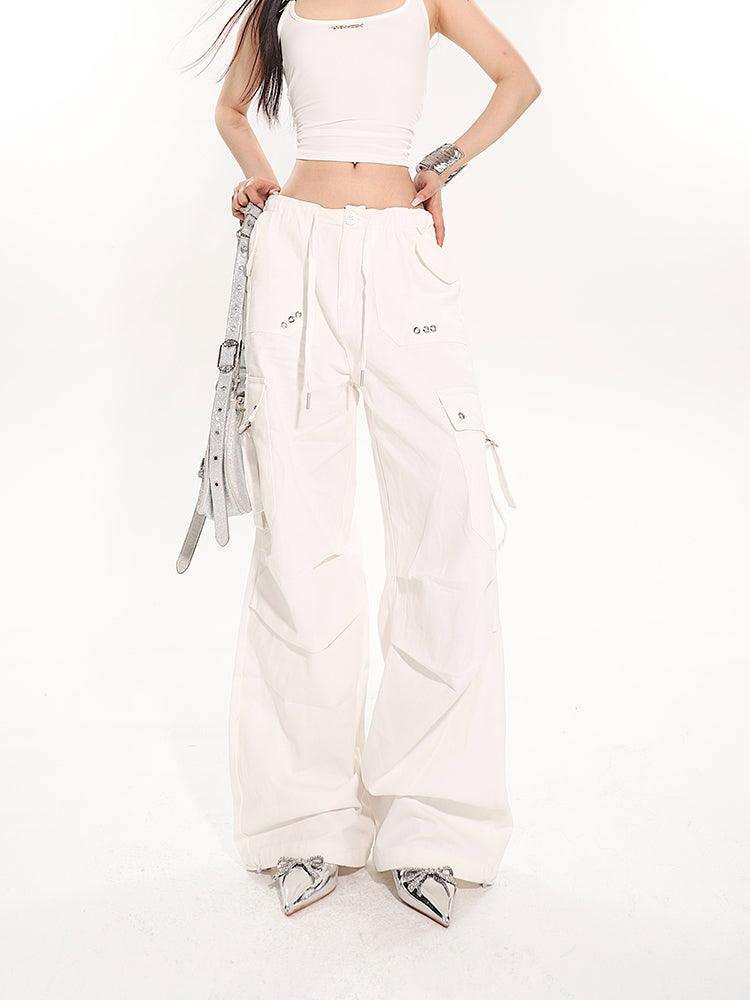 White Wide-Leg Slim Fit Casual Pants With Multiple Pockets - sneakershuborg