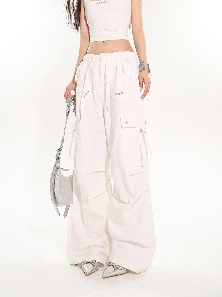 White Wide-Leg Slim Fit Casual Pants With Multiple Pockets - sneakershuborg