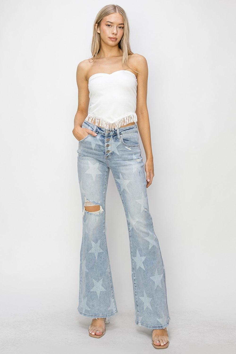 RISEN Mid Rise Button Fly Start Print Flare Jeans - sneakershuborg