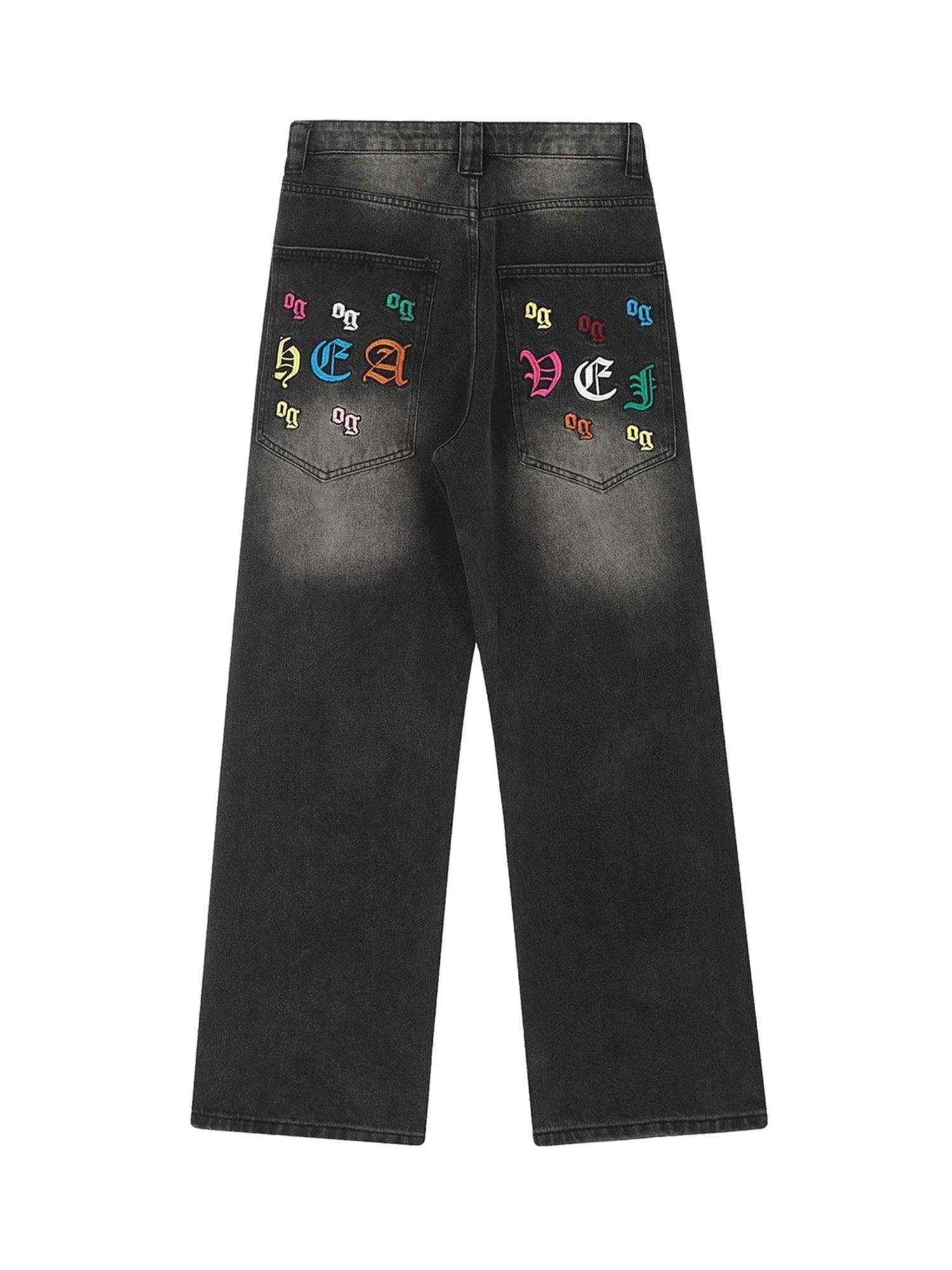 Sneakerhub Gothic Letter Embroidered Jeans - 1936 - sneakershuborg