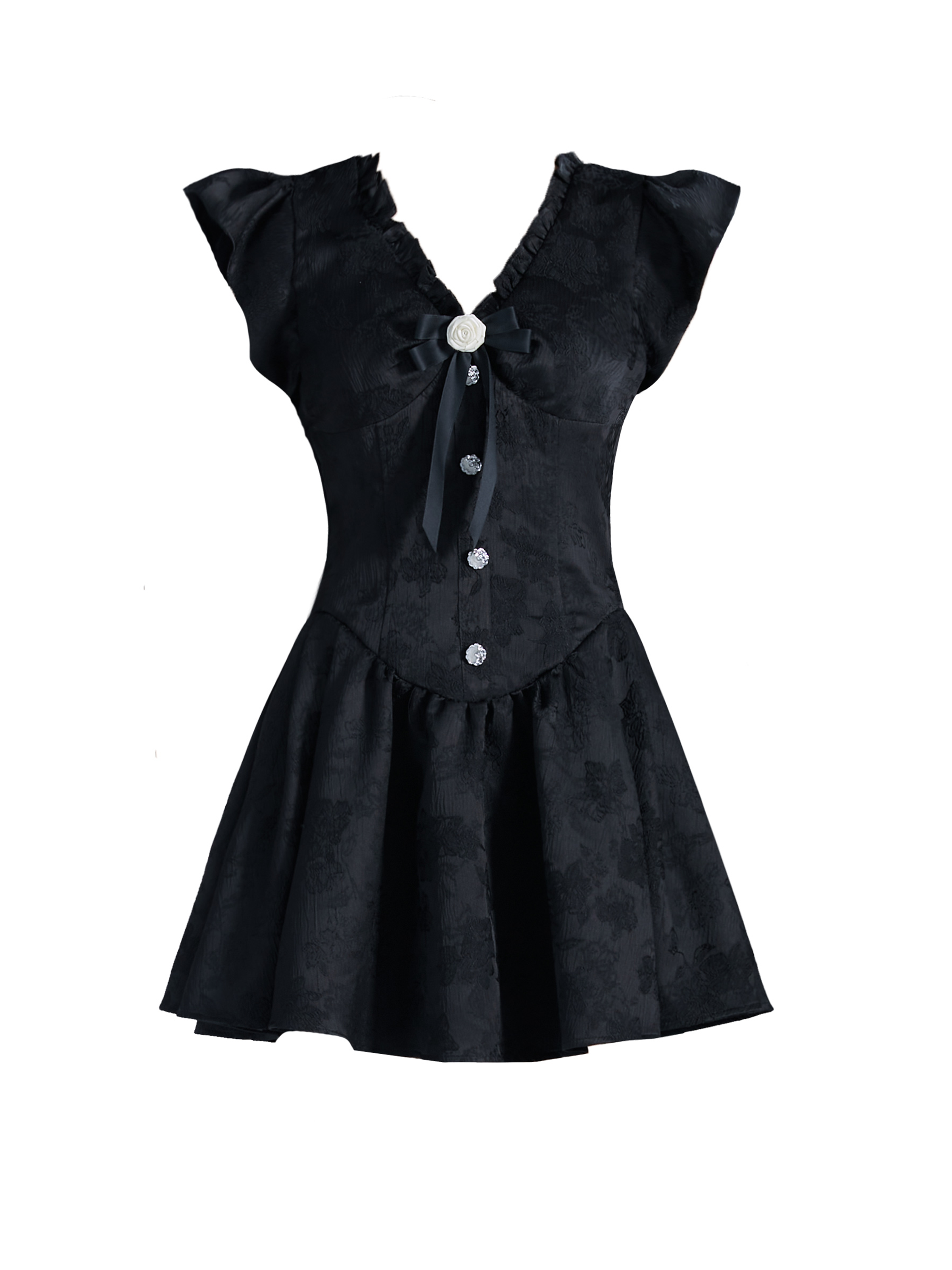 Vintage-Inspired Black Flutter Sleeve Mini Dress with Button Front sneakershuborg