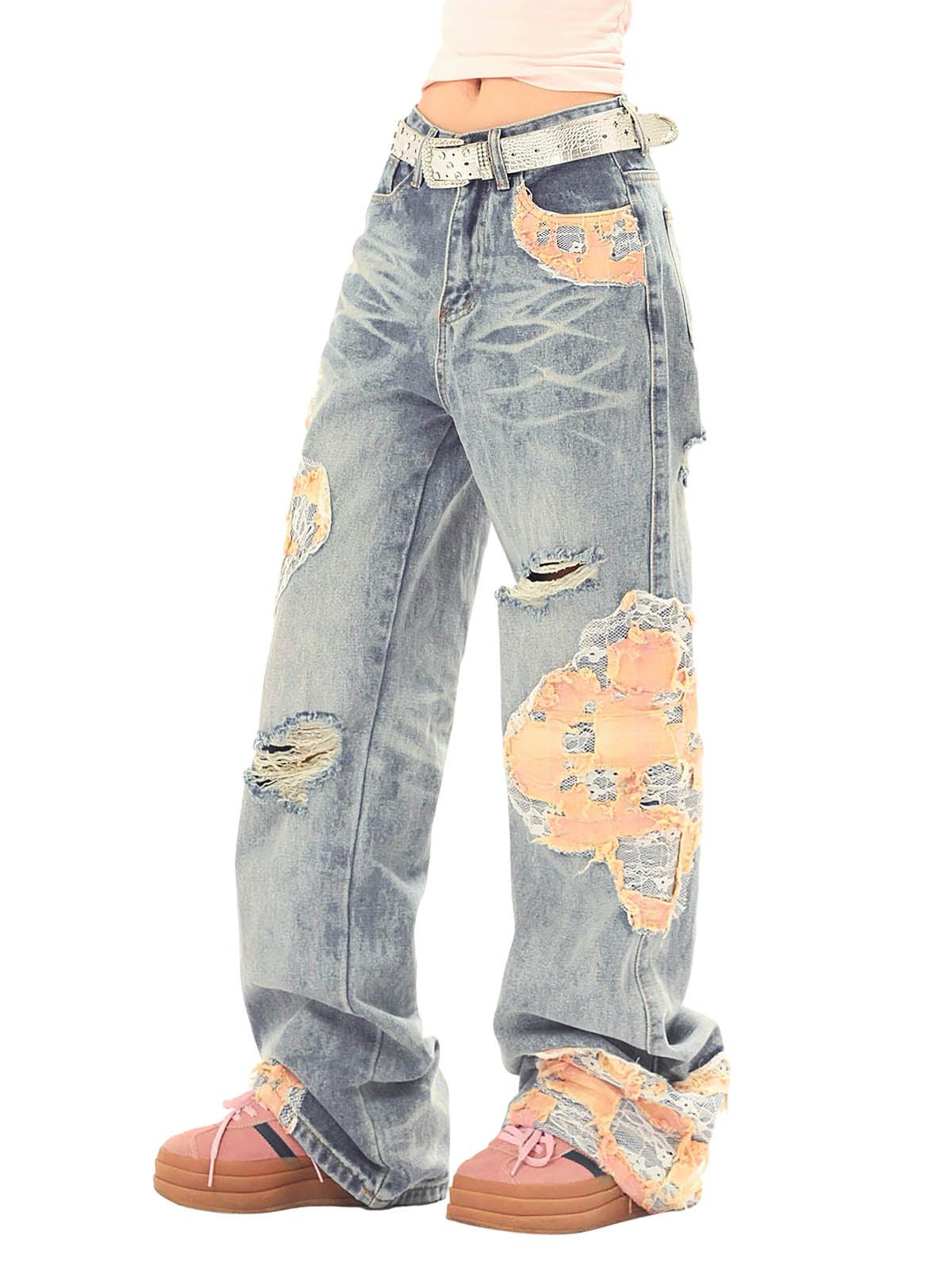 Sneakerhub Vintage Lace Patchwork Baggy Jeans - sneakershuborg