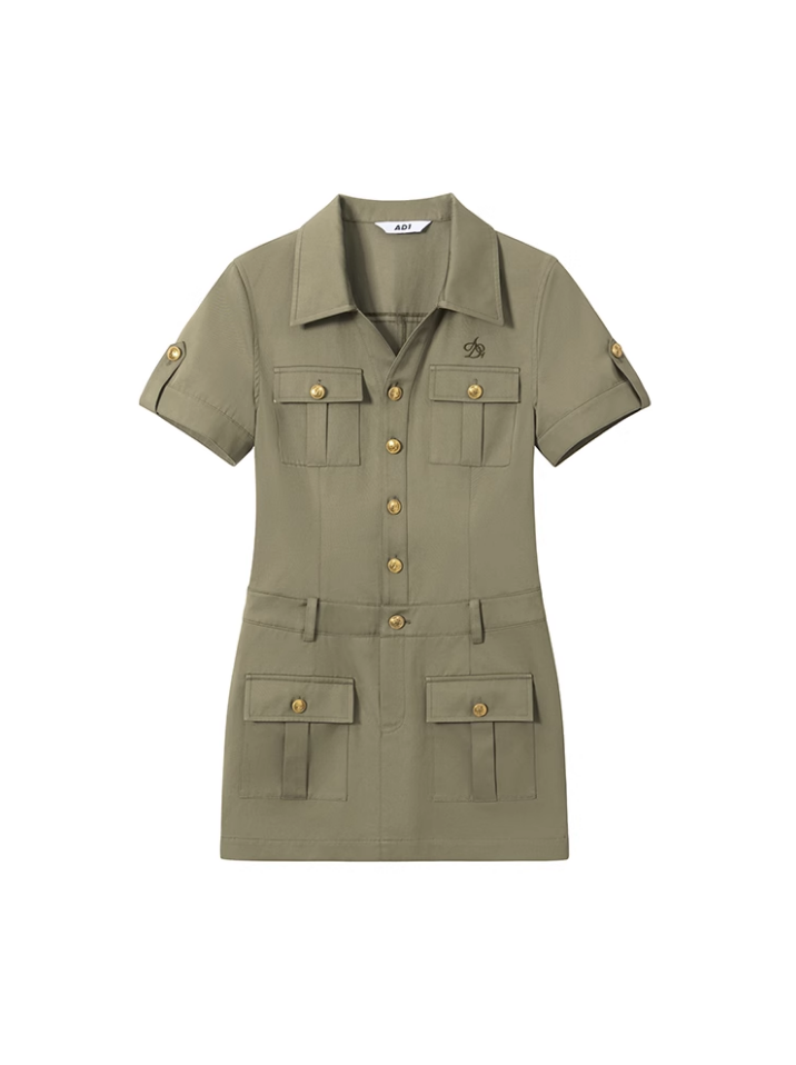 Safari-Style Utility Mini Dress: Olive Green Button-Down with Multi-Pocket Design and Logo Detail sneakershuborg