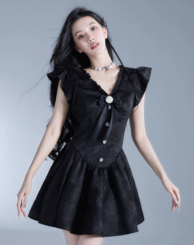 Vintage-Inspired Black Flutter Sleeve Mini Dress with Button Front sneakershuborg