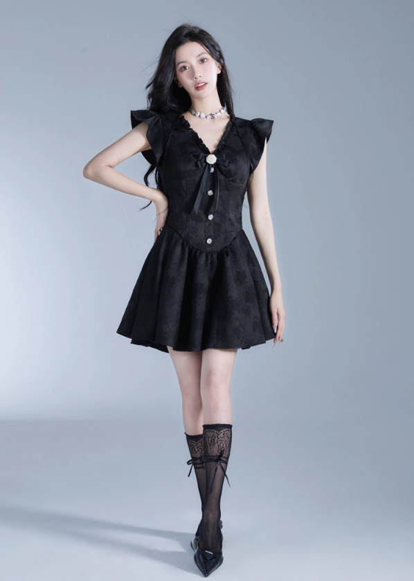 Vintage-Inspired Black Flutter Sleeve Mini Dress with Button Front sneakershuborg