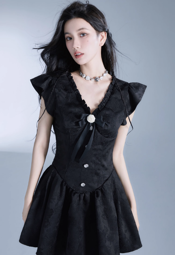 Vintage-Inspired Black Flutter Sleeve Mini Dress with Button Front sneakershuborg