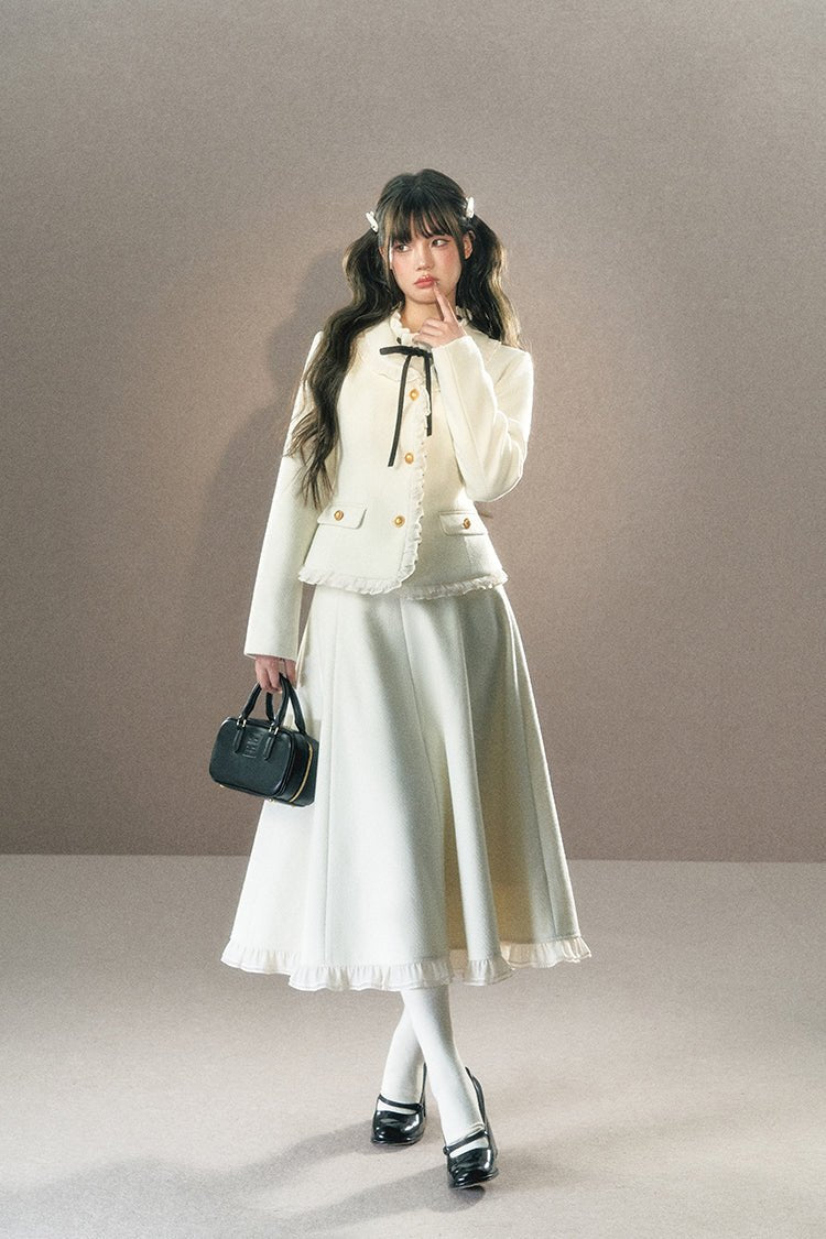 White Ruffle Trim Blazer and Long Skirt sneakershuborg