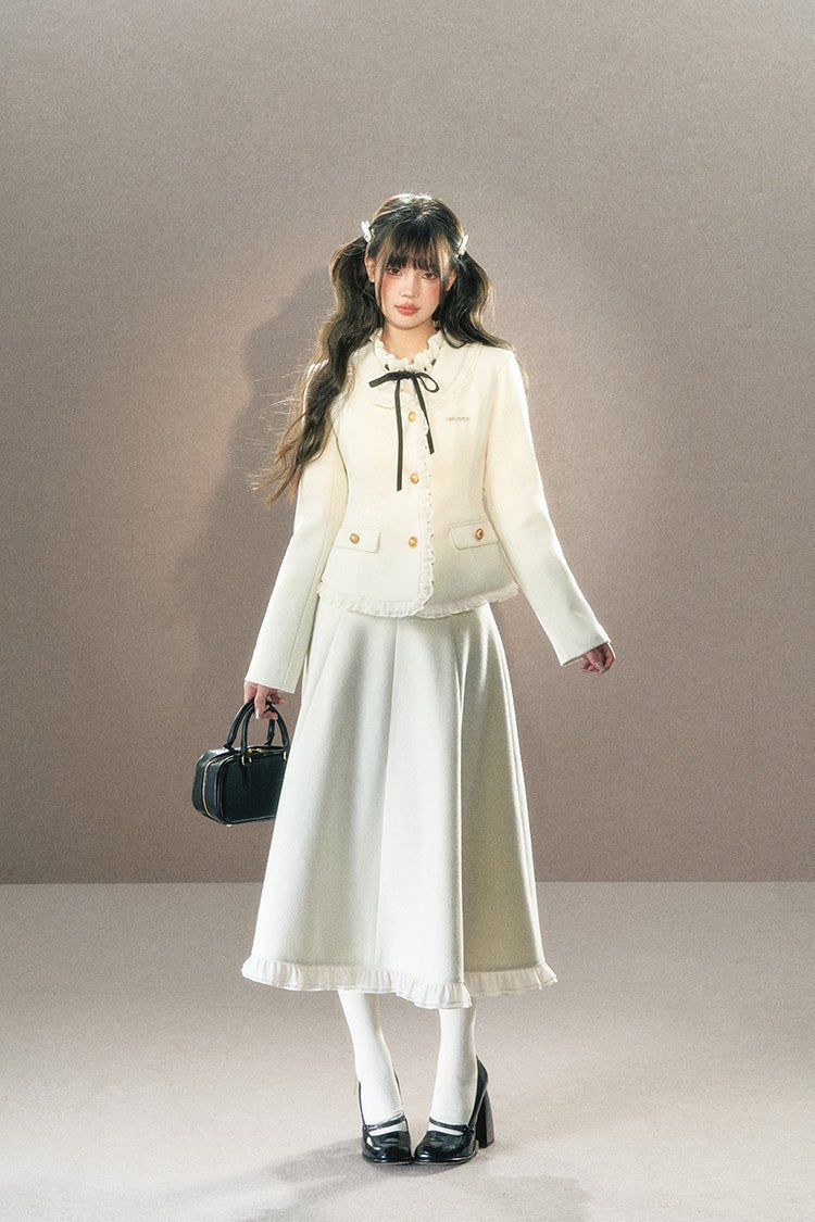 White Ruffle Trim Blazer and Long Skirt sneakershuborg