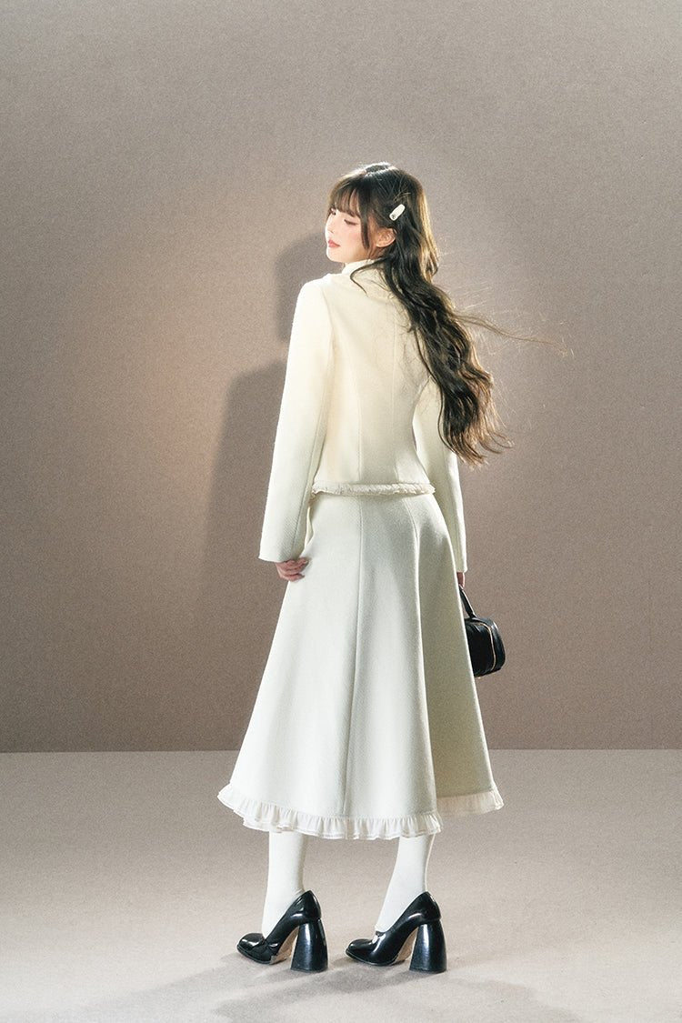 White Ruffle Trim Blazer and Long Skirt sneakershuborg