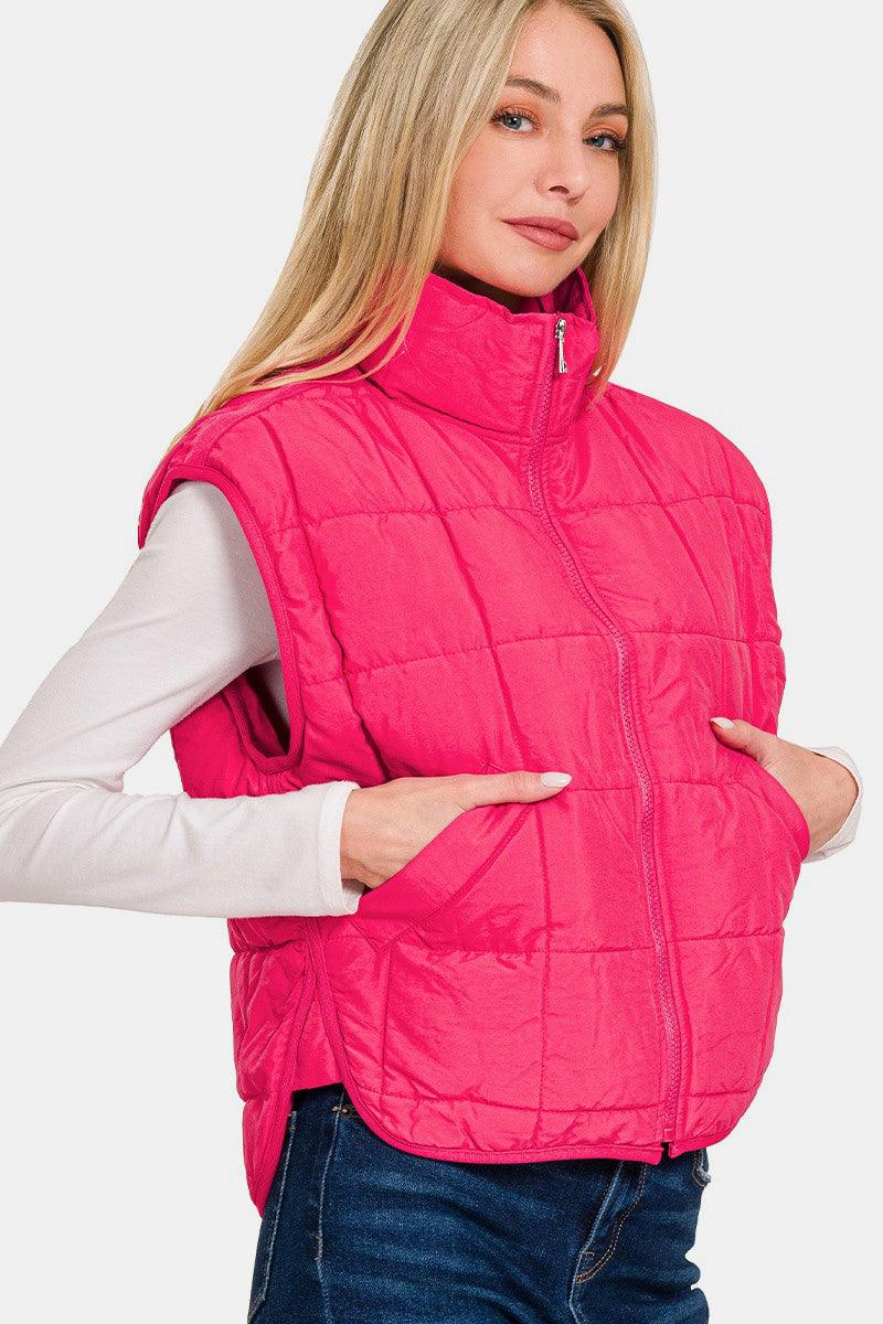 Zenana Zip Up Cropped Puffer Vest with Pockets - sneakershuborg