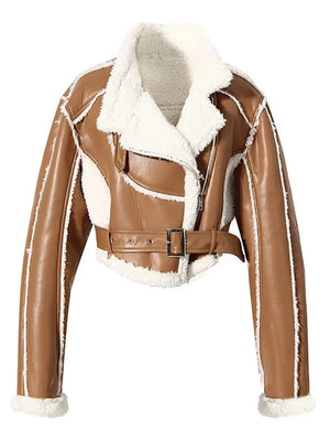 High Street Trend Motorcycle Style Fur Integrated Thickened Short Jacket - sneakershuborg