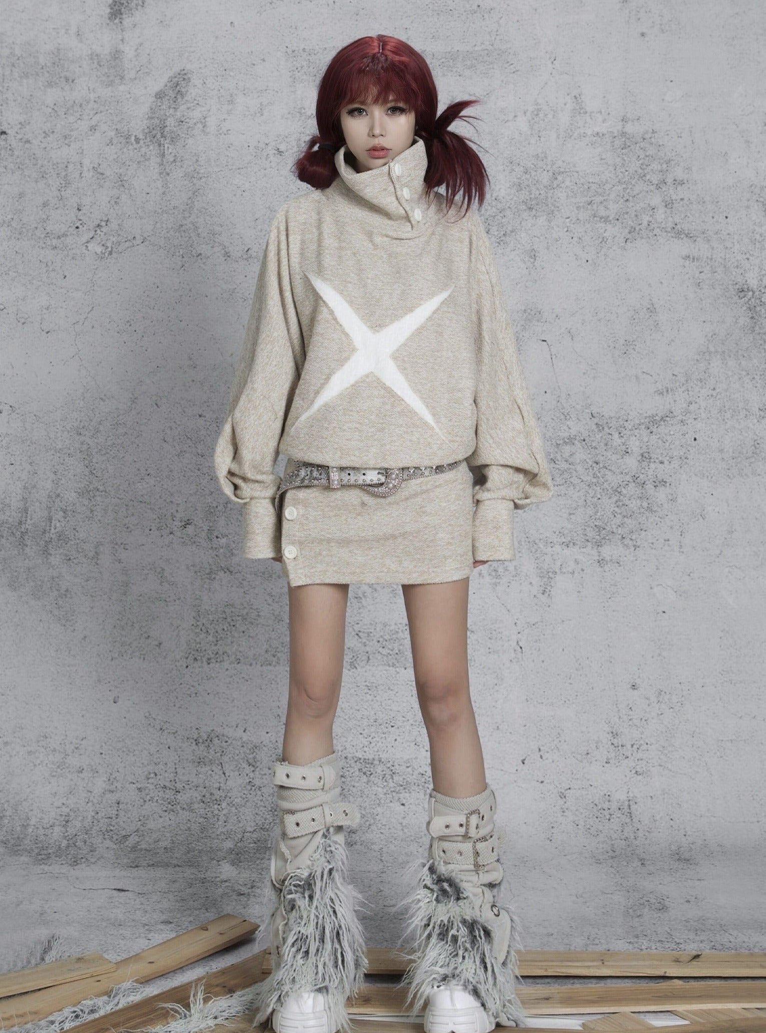 ARIADNAw Oversized X-Graphic Turtleneck Sweater Dress - Oatmeal (Women's) - sneakershuborg