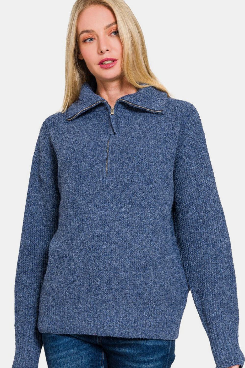 Zenana Half Zip Long Sleeve Sweater Trendsi