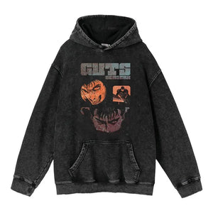 Heavyweight Washed Worn Berserk Fury Anime Street Retro Cotton Hoodie - sneakershuborg