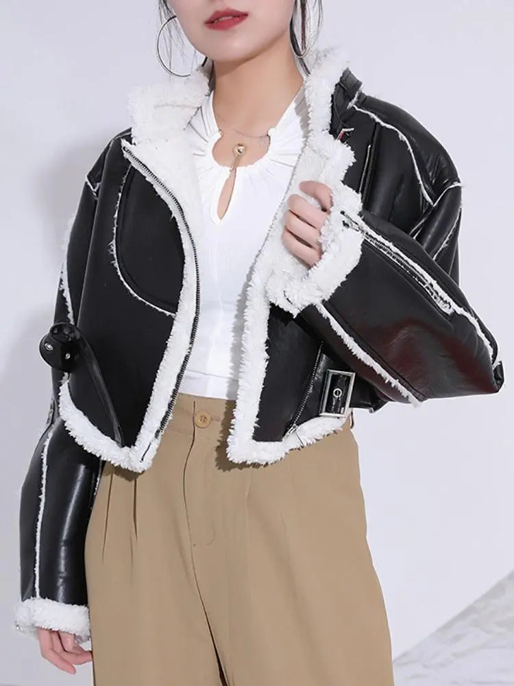 High Street Trend Motorcycle Style Fur Integrated Thickened Short Jacket - sneakershuborg