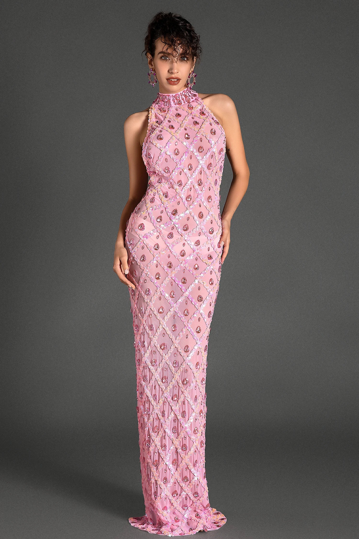 Vasilis Diamond Halter Neck Mermaid Dress In Pink sneakershuborg