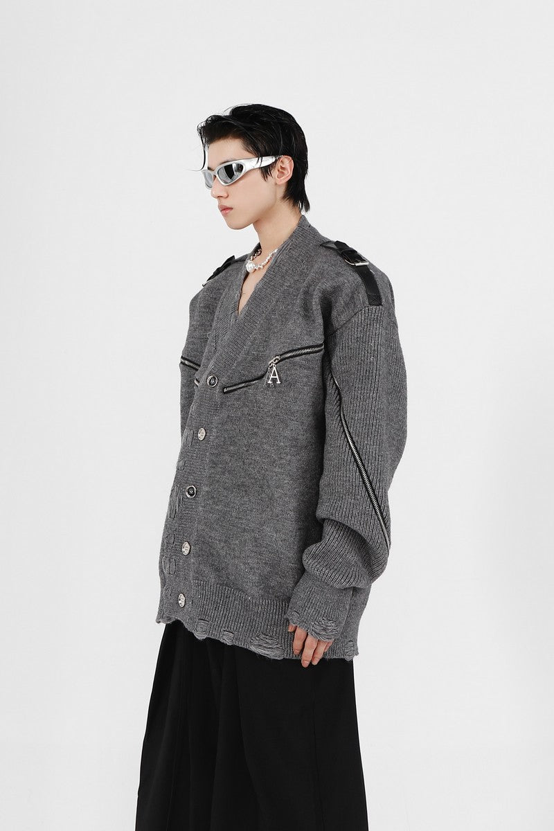 Zippered Distressed Cardigan - sneakershuborg