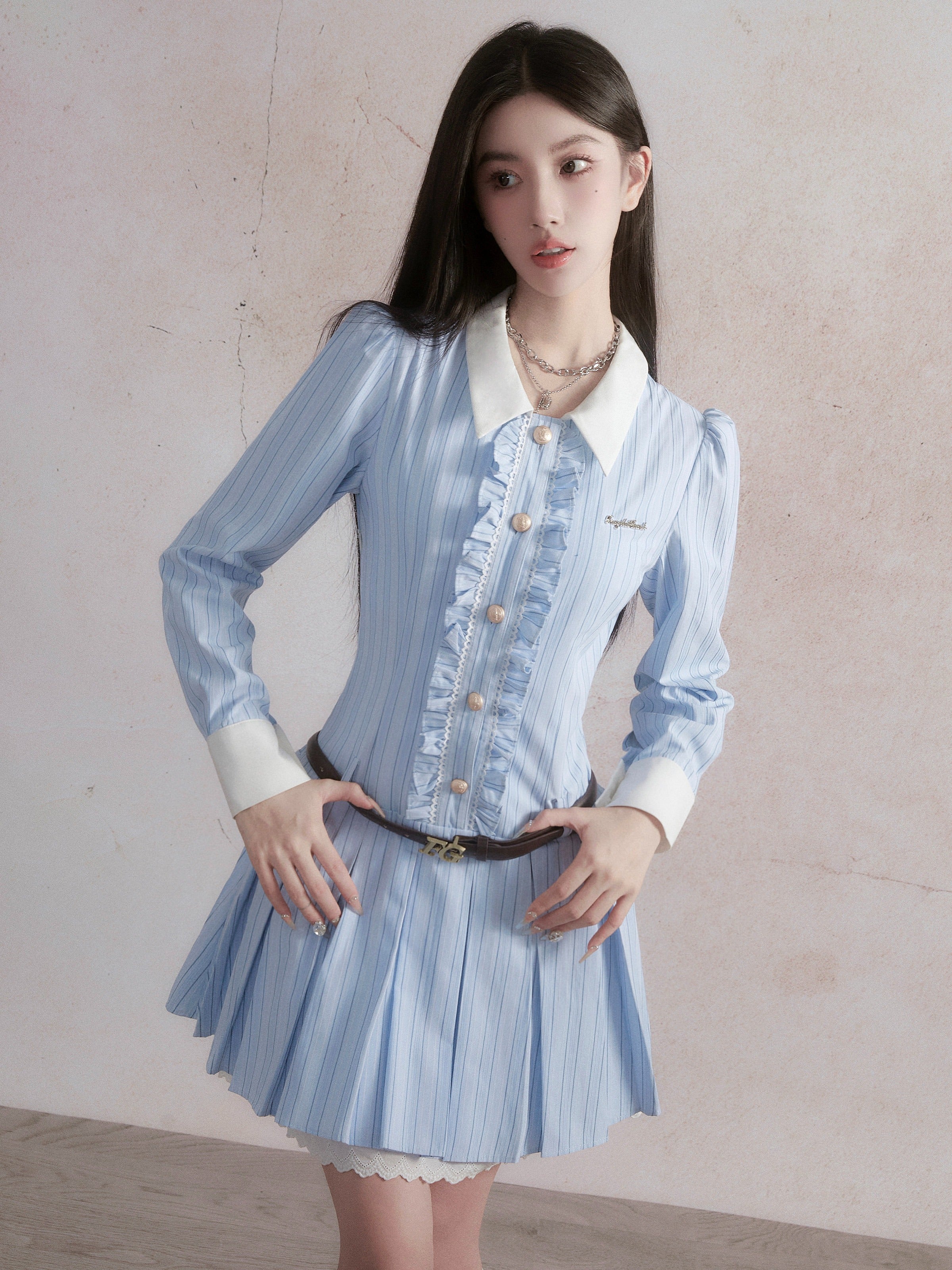 Vintage-Inspired Ruffled Chambray Mini Dress with Belt sneakershuborg