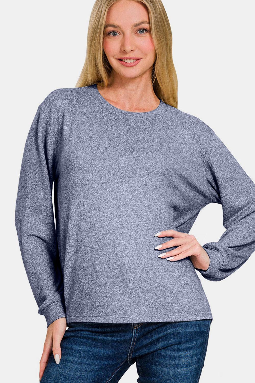 Zenana Hacci Round Neck Long Sleeve T-Shirt Trendsi