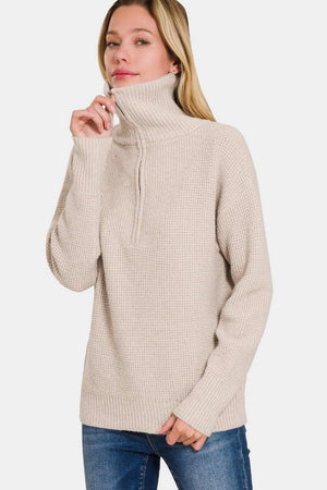 Zenana Half Zip Long Sleeve Sweater Trendsi