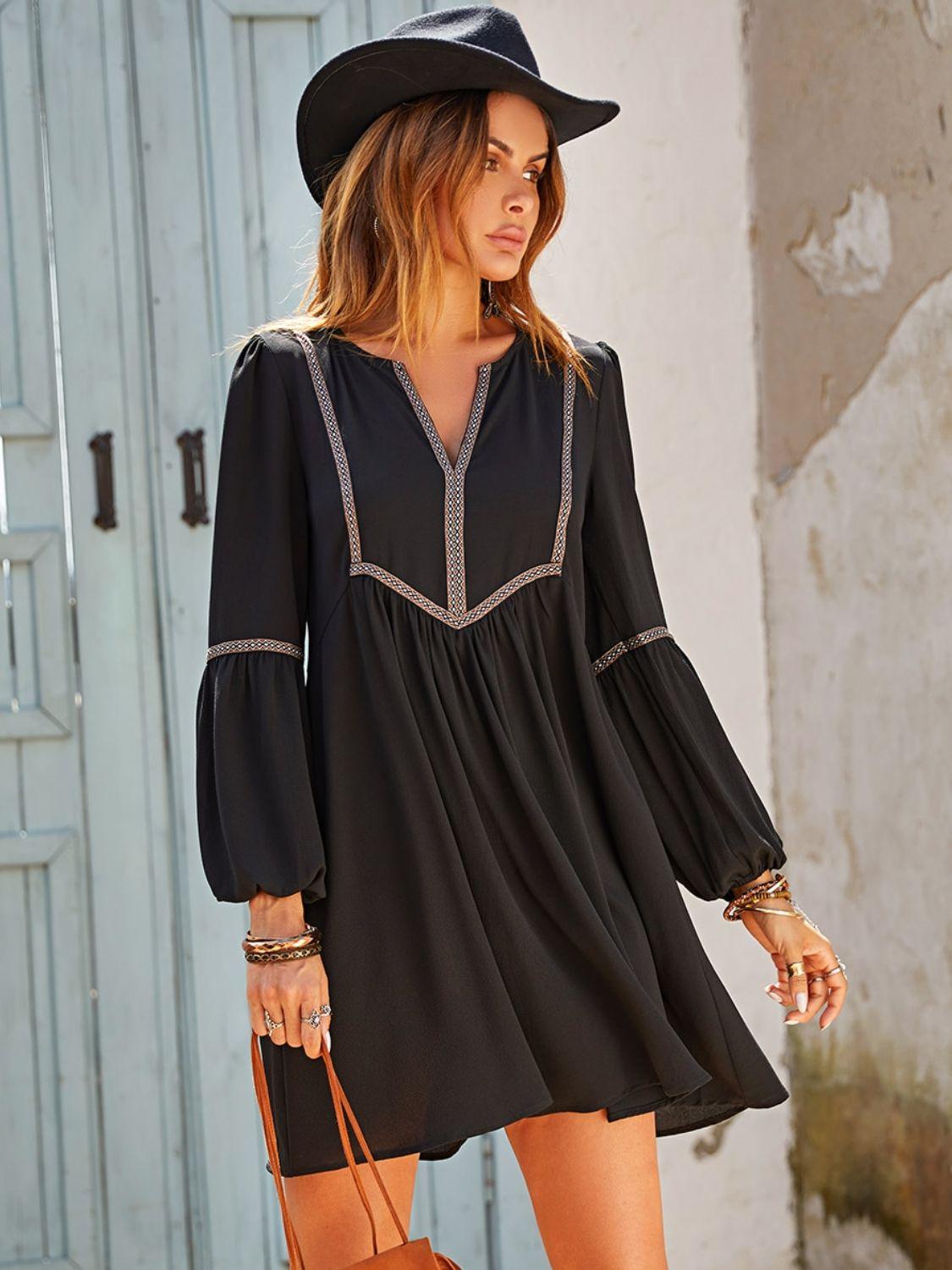 Ruched Notched Long Sleeve Mini Dress Trendsi