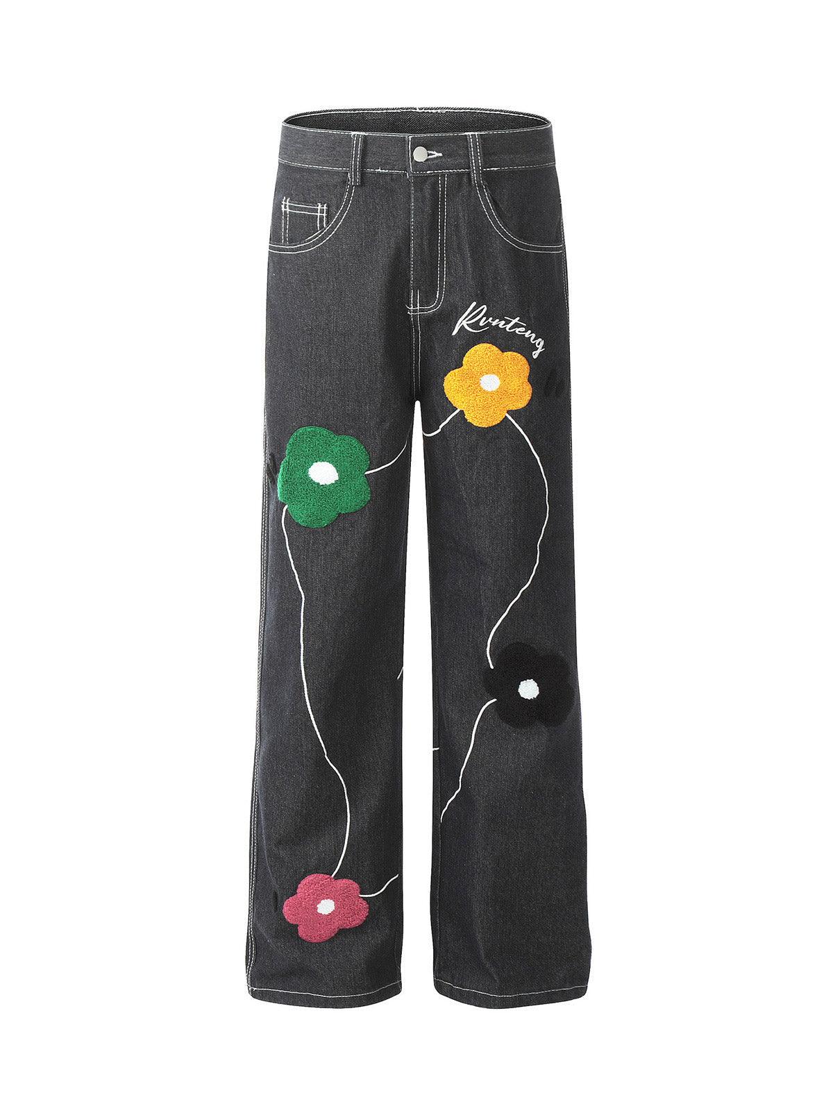 Sneakerhub Vintage Floral Embroidery Washed Straight Leg Jeans - sneakershuborg