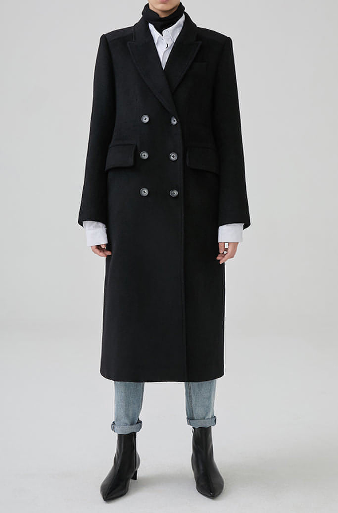 Winter Double-Breasted Mid-Length Black Wool Coat In Hepburn Style - sneakershuborg