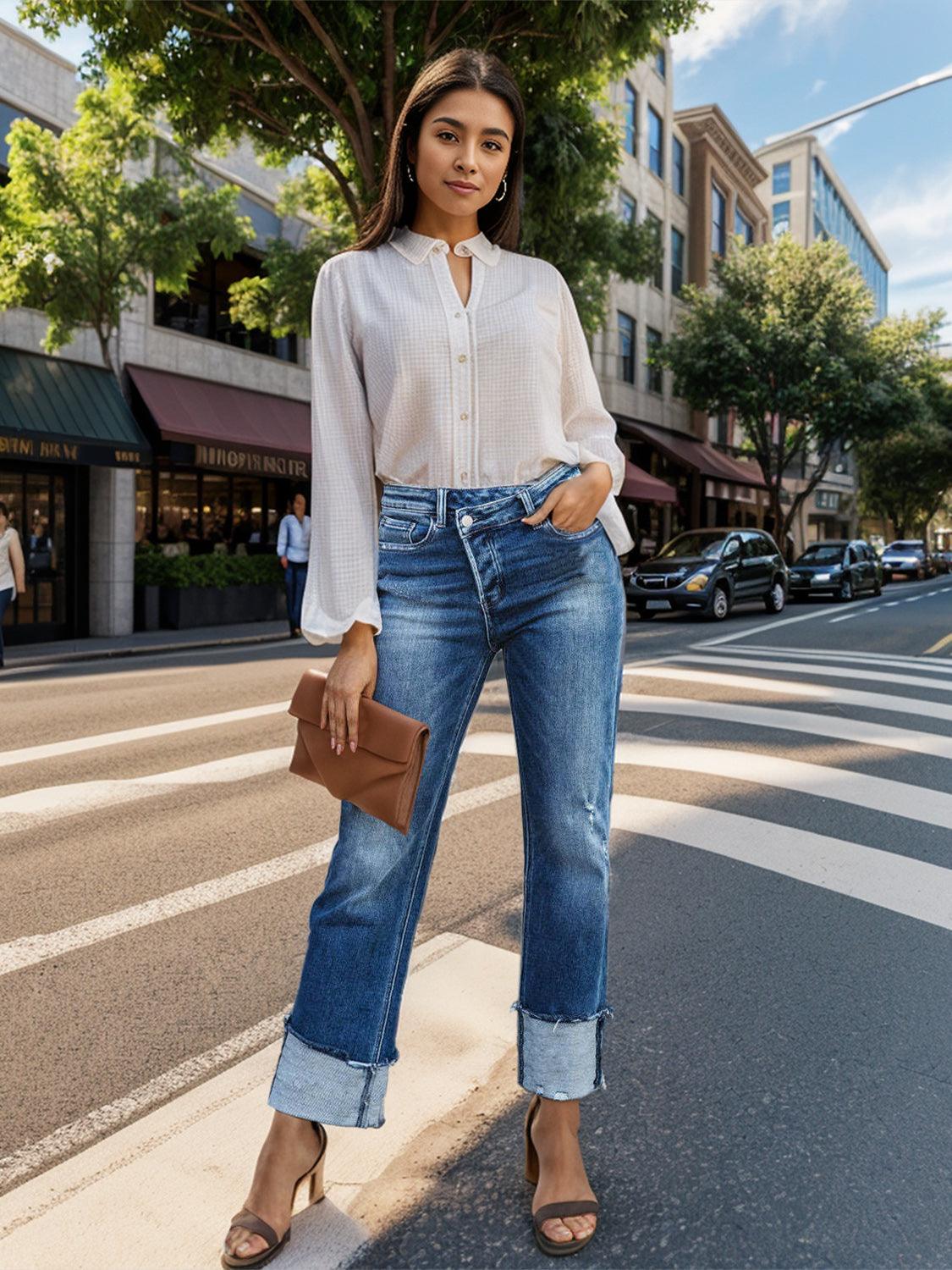 Stepped Waist Raw Hem Rolled Straight Jeans - sneakershuborg