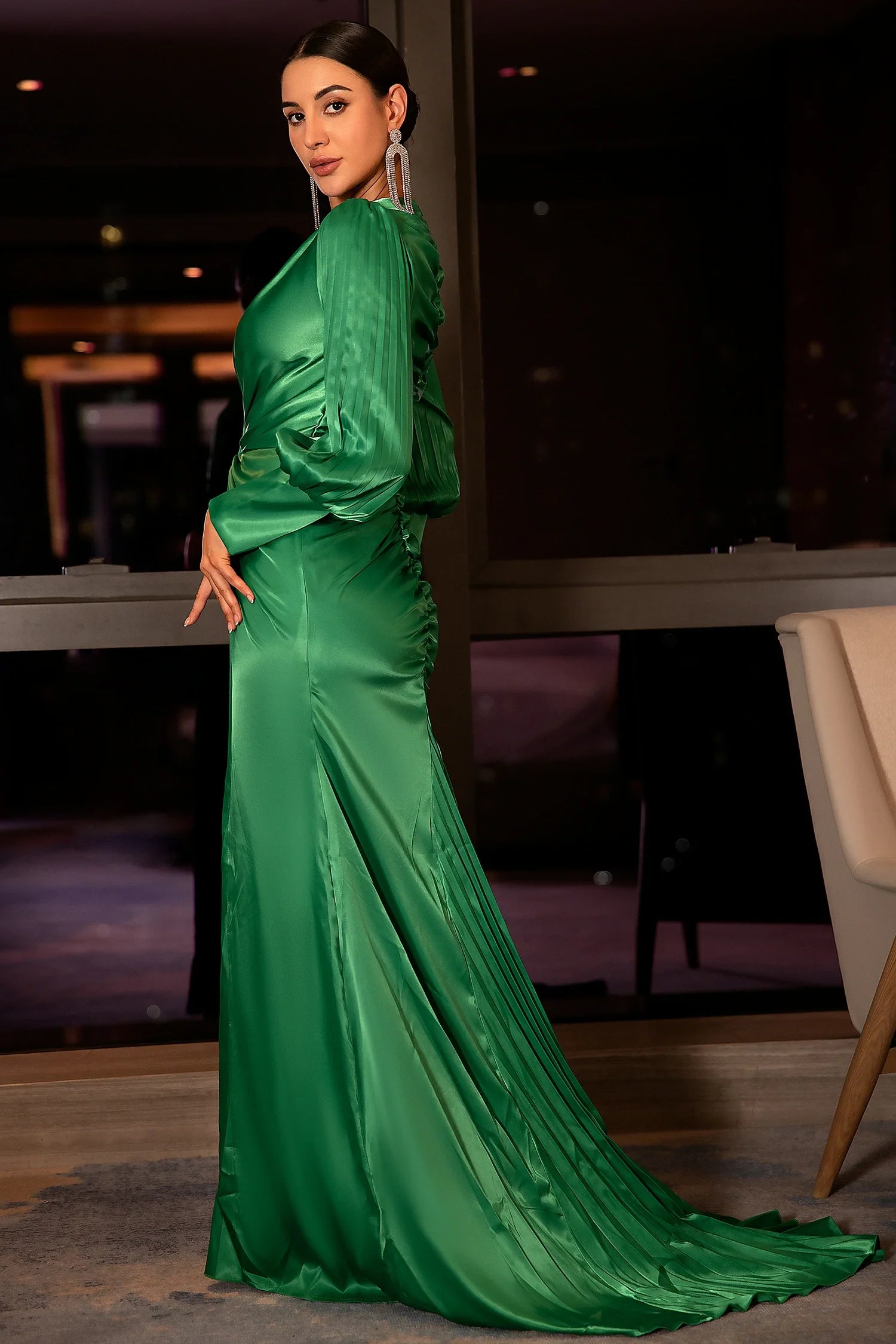 Xanthippi Emerald Deep V Pleated Maxi Dress sneakershuborg