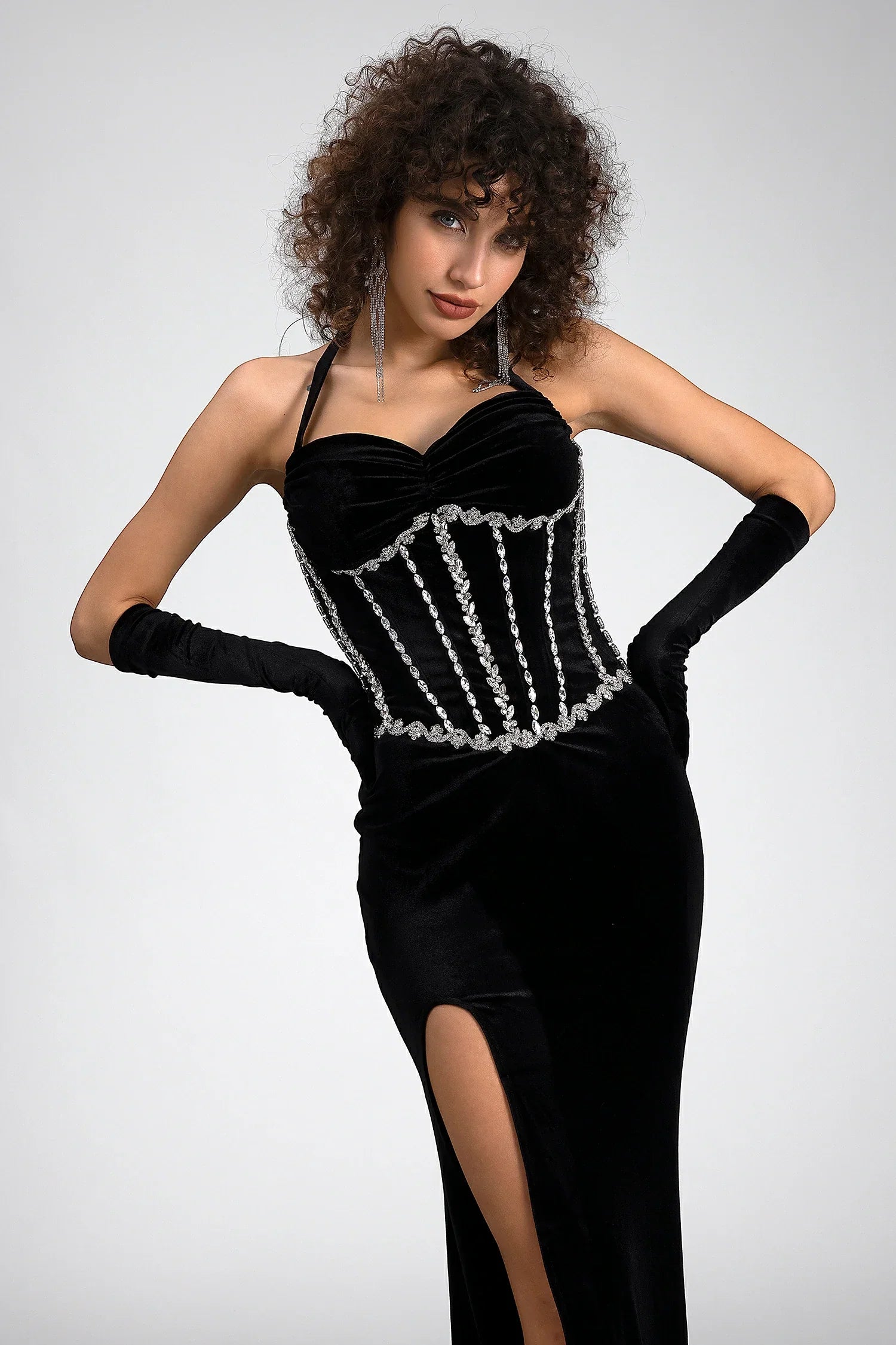 Zinovia Halterneck Corset Velvet Dress With Gloves sneakershuborg