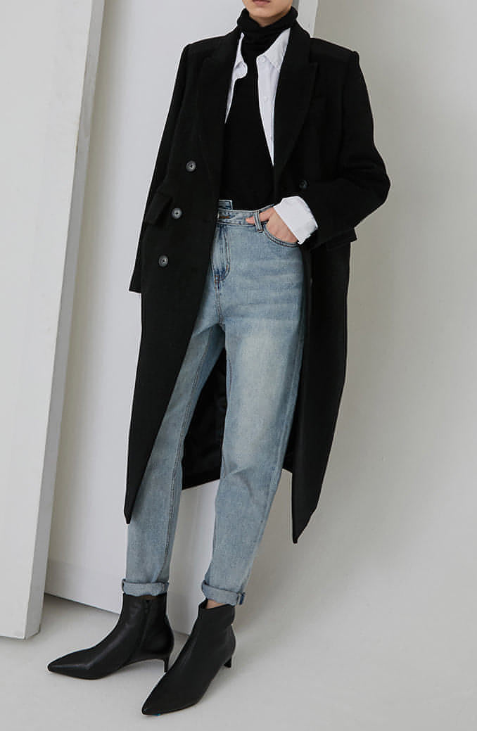 Winter Double-Breasted Mid-Length Black Wool Coat In Hepburn Style - sneakershuborg