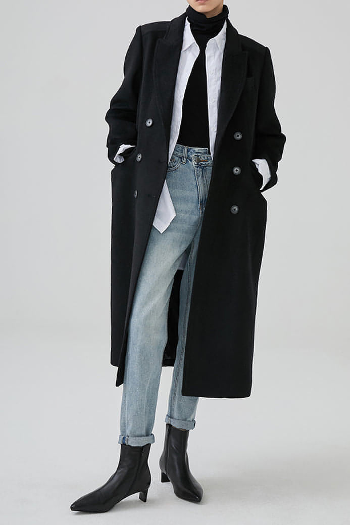 Winter Double-Breasted Mid-Length Black Wool Coat In Hepburn Style - sneakershuborg